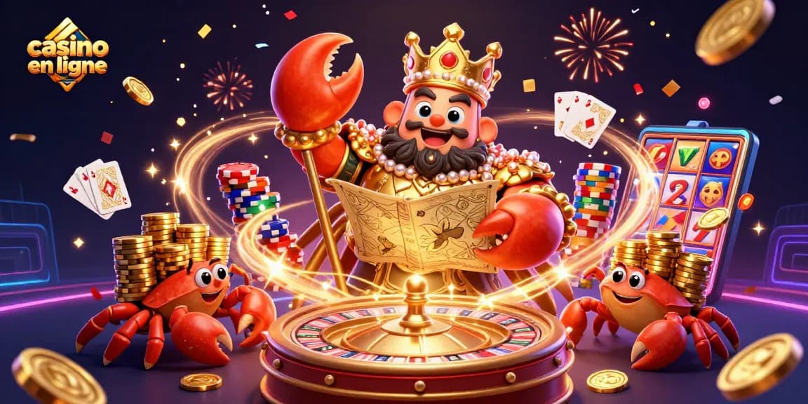 Découvrez un roi du casino en ligne avec des crabes et des pièces d'or scintillantes.