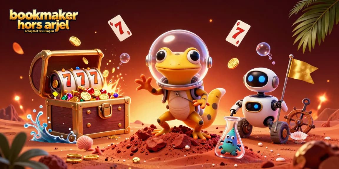 Illustration dynamique présentant un gecko martien et un robot dans un casino, mettant en avant bookmaker hors arjel acceptant les français.