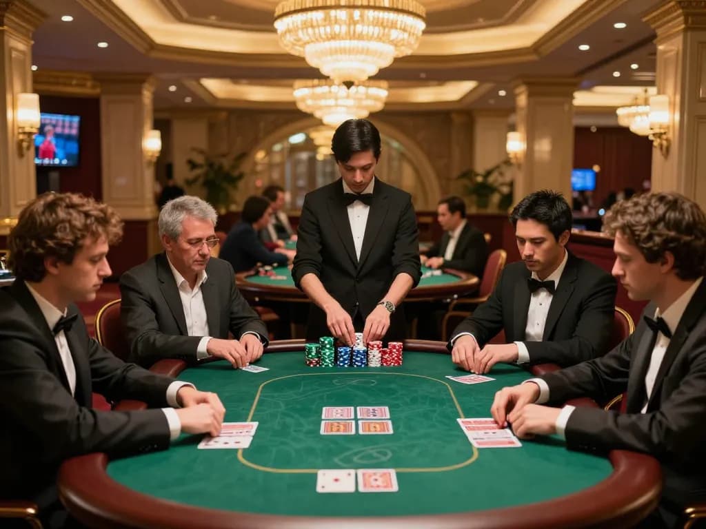 Players engage in intense poker gameplay at XX88 tables in upscale casino.