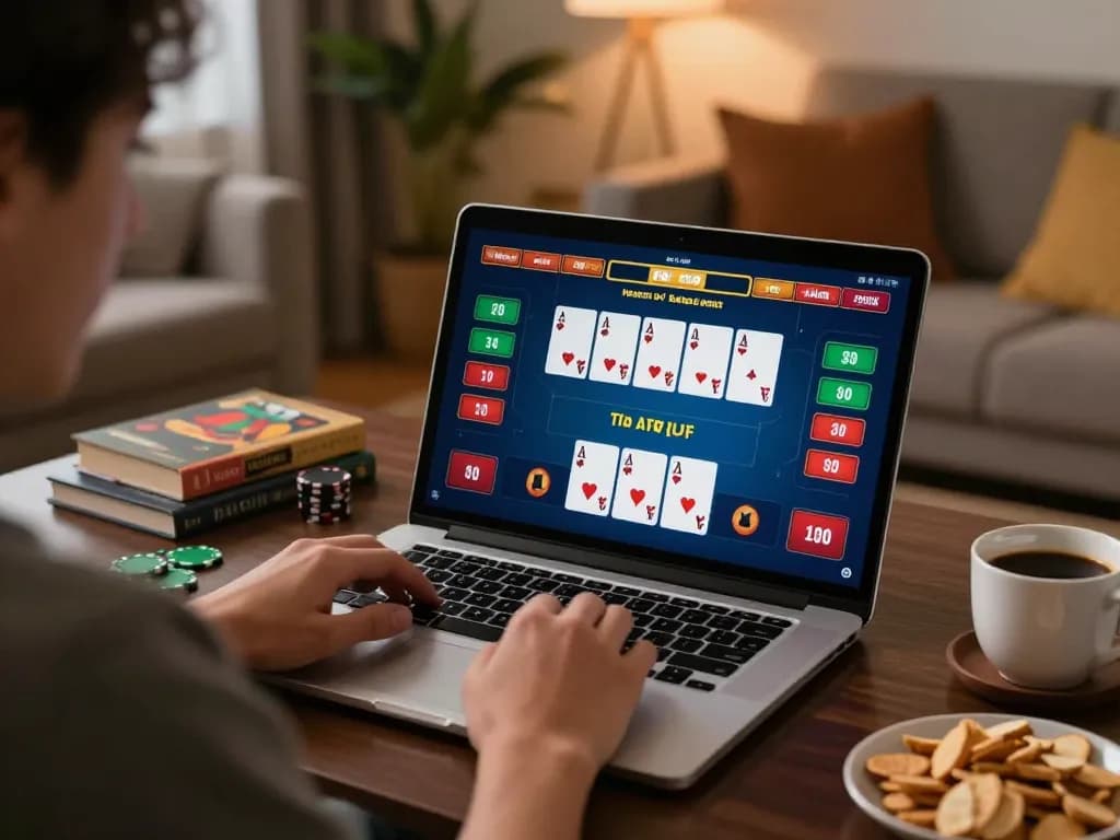Engaging poker gameplay on llwin platform via laptop in a cozy home setting.