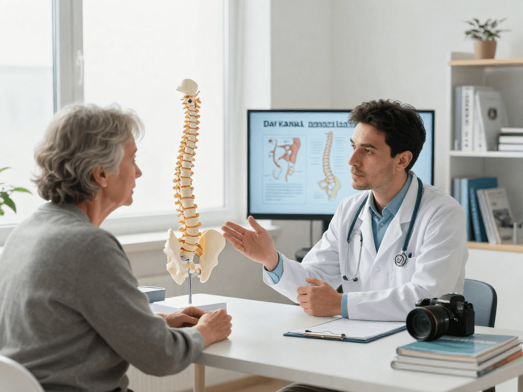 Dar kanal ameliyatı consultation scene with doctor explaining spinal stenosis treatment to patient.