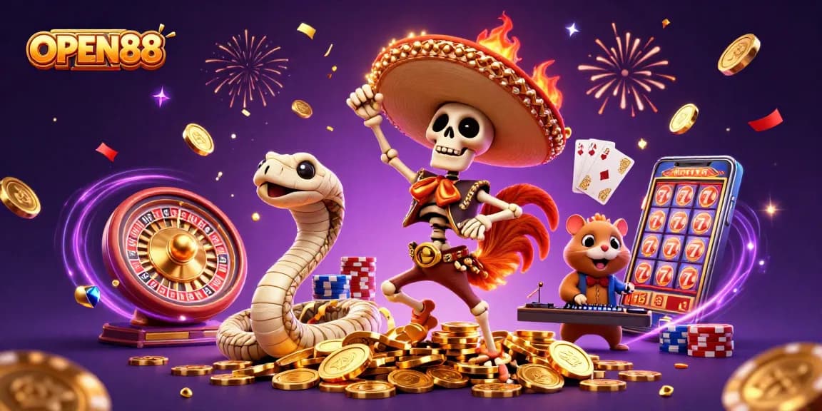 Spin and win at OPEN88 with an exciting scene of vibrant characters celebrating gambling victories amidst golden coins and confetti.