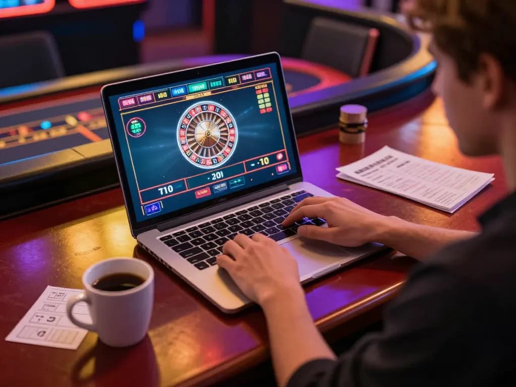 open88 engaging roulette game on a laptop at a stylish home desk, showcasing immersive online gaming experience