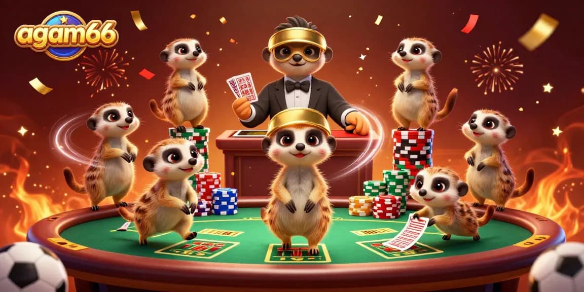 Experience sports betting excitement with agam66 in an engaging casino scene featuring meerkats.