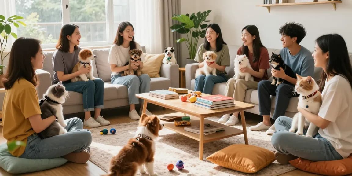 Pet community gathering at https://www.bijousbill.com sharing joyful moments with beloved animals in a cozy living room.