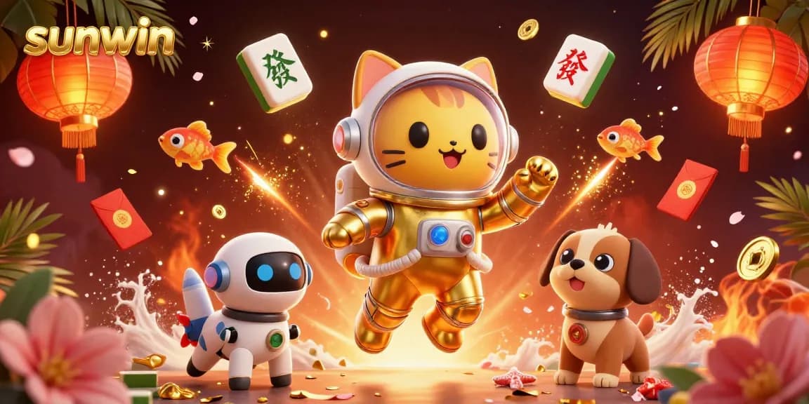 Engage with sunwin gaming through vibrant 3D astronaut cat and casino-themed elements.