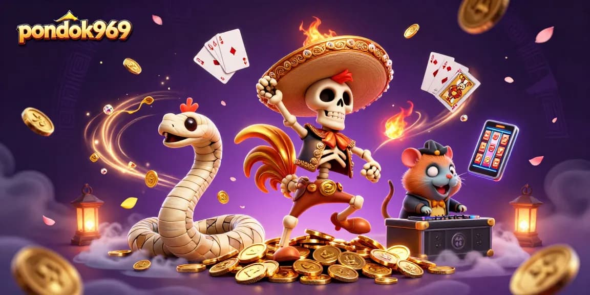 Engage with pondok969's vibrant slot games featuring golden coins and interactive characters.