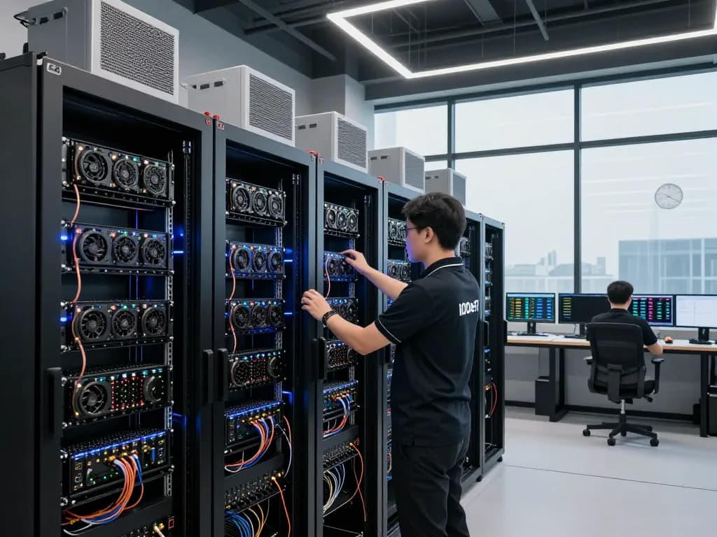 A technician managing IODeFi cloud mining servers in a modern data center, showcasing advanced technology and mining efficiency.