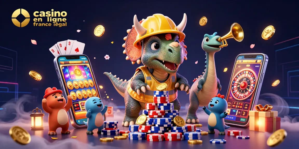 Casino en ligne en France légal : illustration dynamique d'un triceratops construisant un empire de jetons de poker.
