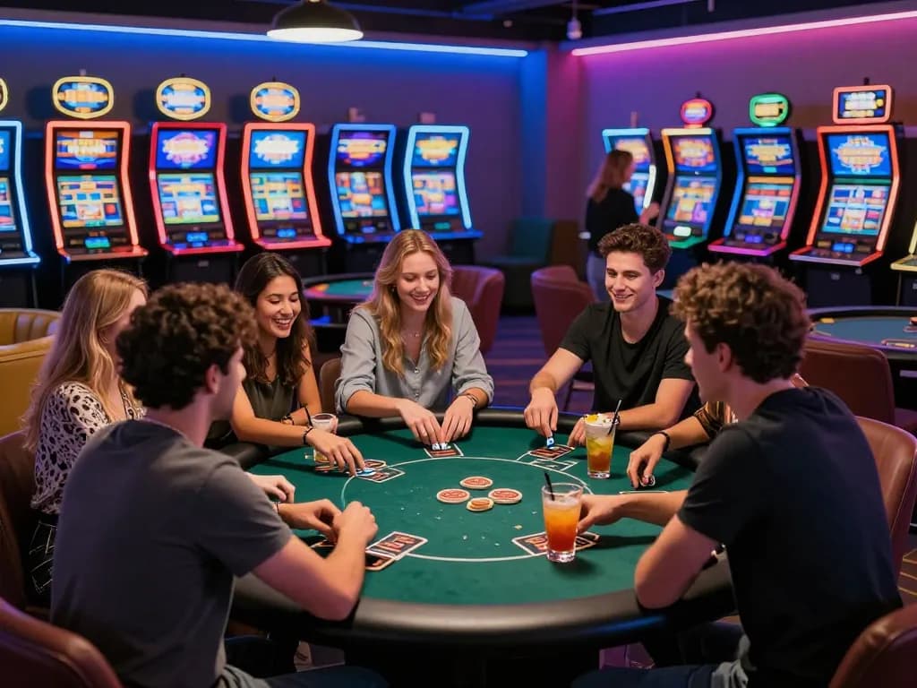 MM88 gaming scene with friends enjoying poker in a vibrant casino atmosphere.