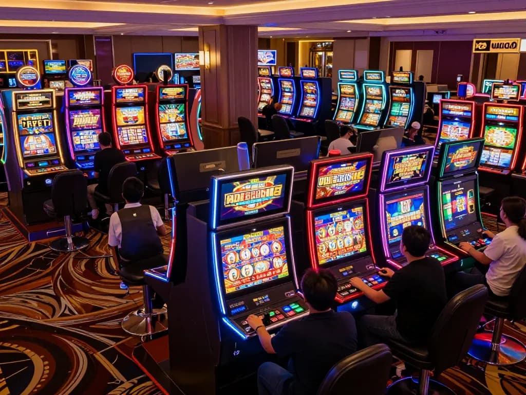Players enjoying vibrant slot machines at a leading situs gacor in a lively casino environment.