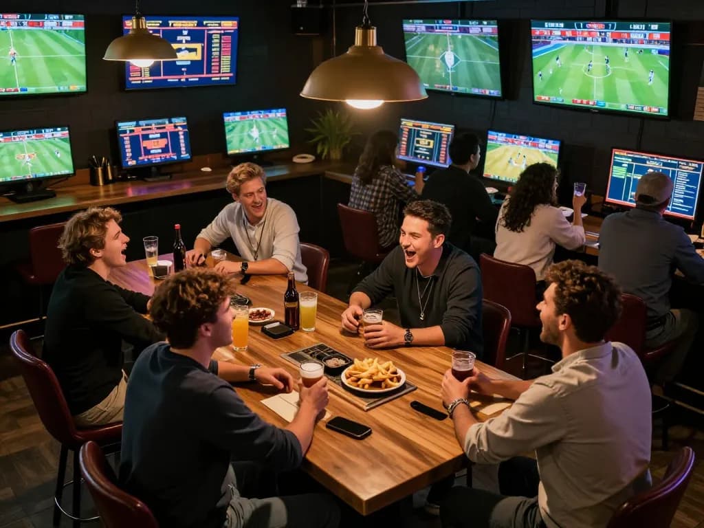 Excited friends enjoying sports betting at a lively bar, enhancing their link go8 experience.