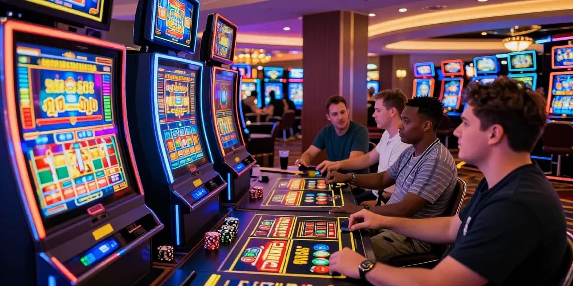 Mesin slot yang menarik dengan pemain terlibat dalam permainan di kasino.
