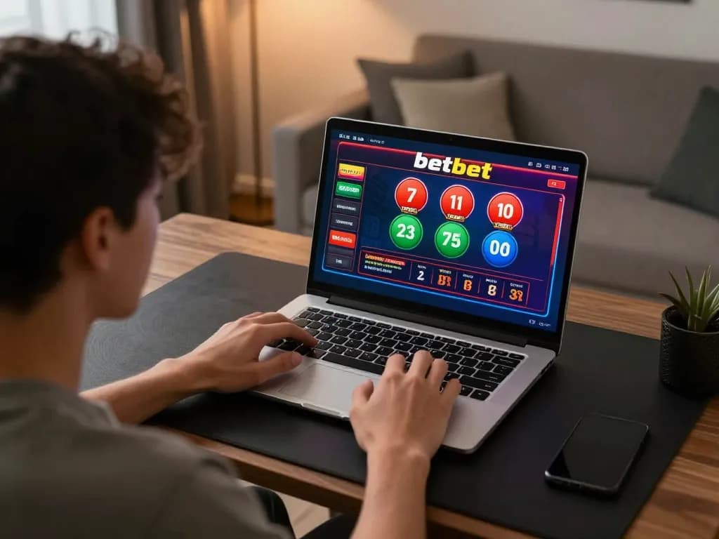 Engaging in online betbet casino gameplay on a laptop with vibrant graphics, showcasing a user focused on strategies.