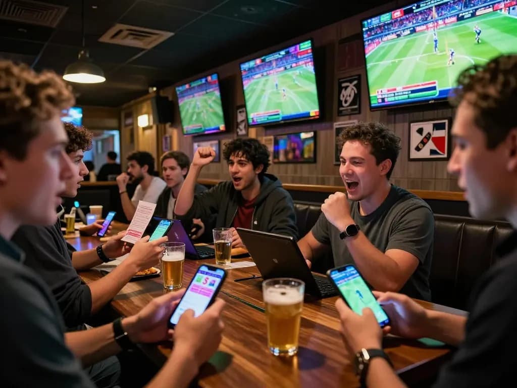 Fabet enthusiasts placing bets during a thrilling sports event in a lively bar atmosphere.