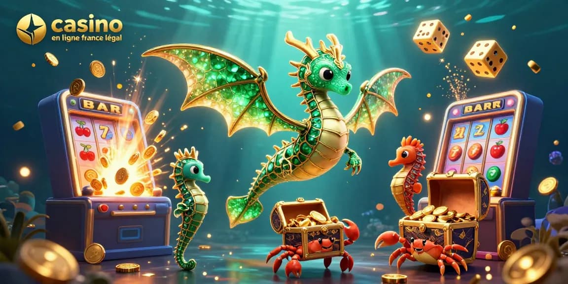 Visualisez un dragon des mers et des gardes hippocampes dans un casino en ligne légal en France, entourés de symboles de jeu.