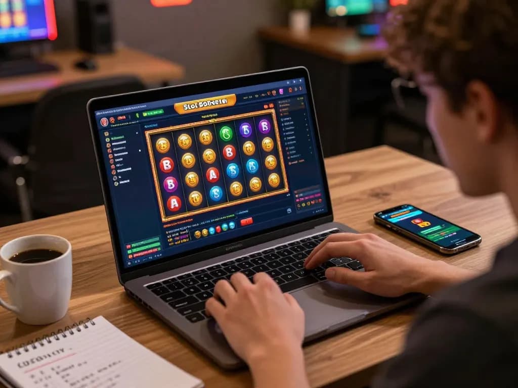 Person enjoying online Slot Gacor Dewagg gaming, focused on screen with vibrant slots in action.