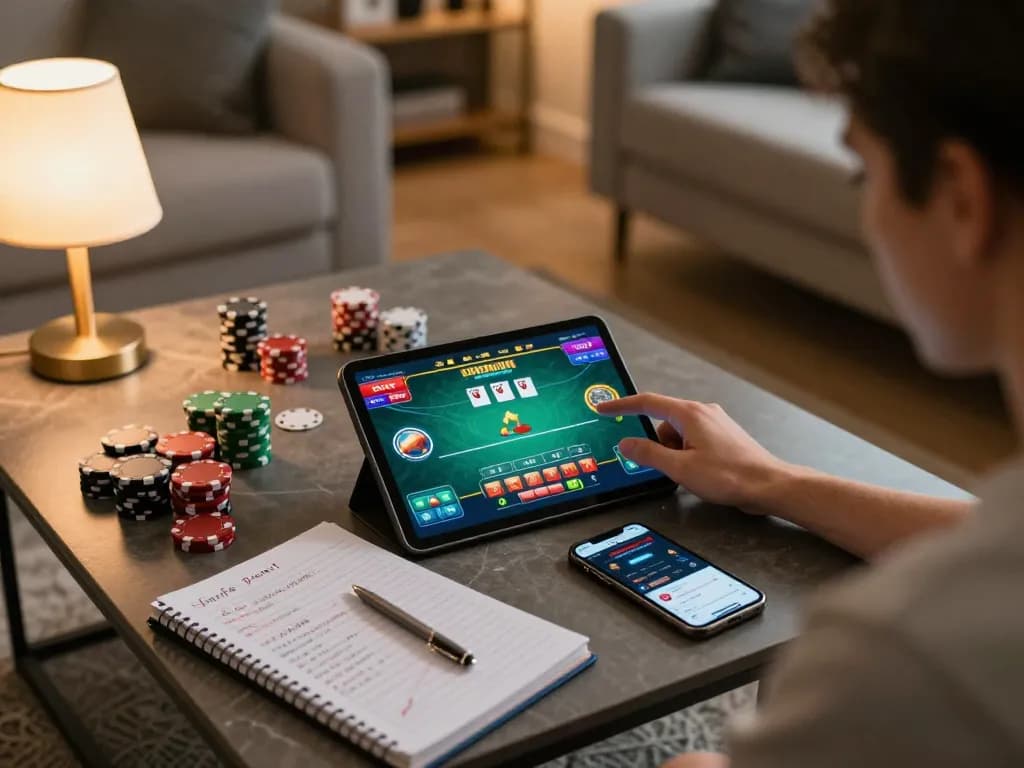 Engaged player at nhà cái mm88 on a tablet, surrounded by strategy notes and a betting app, showing immersive online gambling.