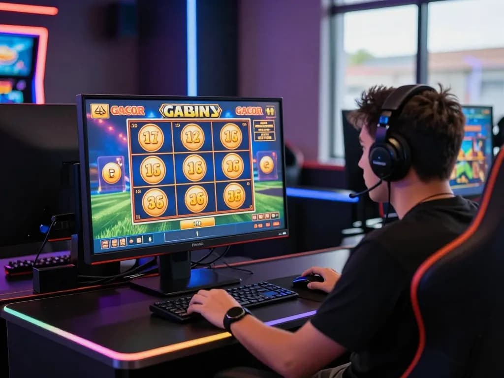 Player enjoying slot gacor games in a vibrant online casino setting, showcasing excitement and winning moments.