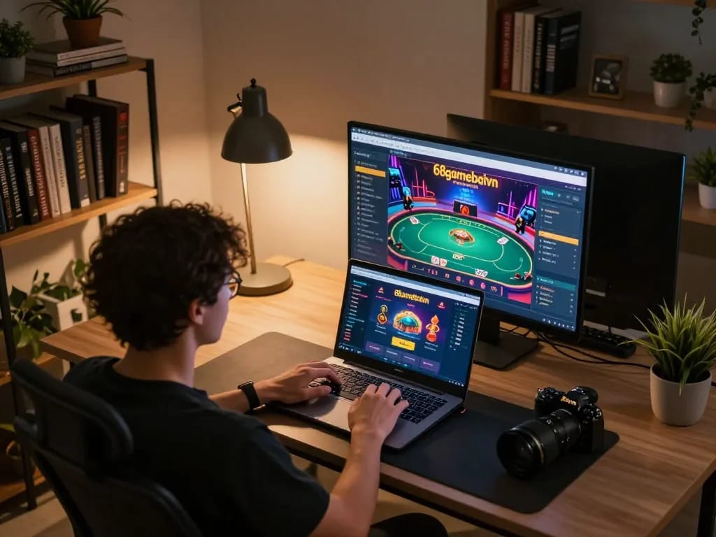 Engaged player exploring 68gamebaivn online casino games on a laptop in a cozy home setting.