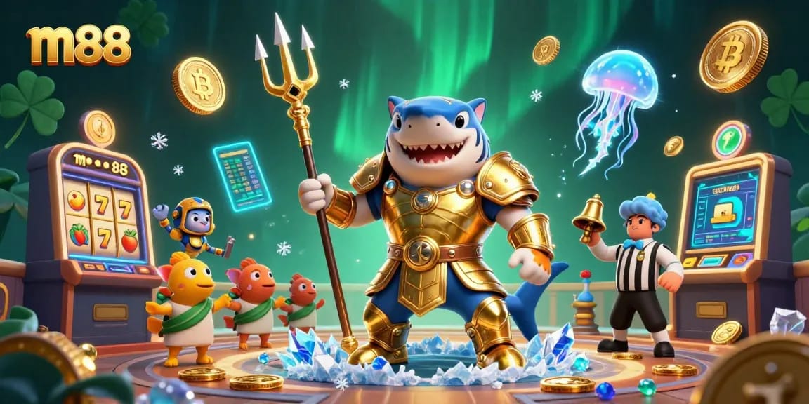 Spin the reels at m88 with a dynamic shark gladiator in a vibrant casino scene, showcasing jackpots.