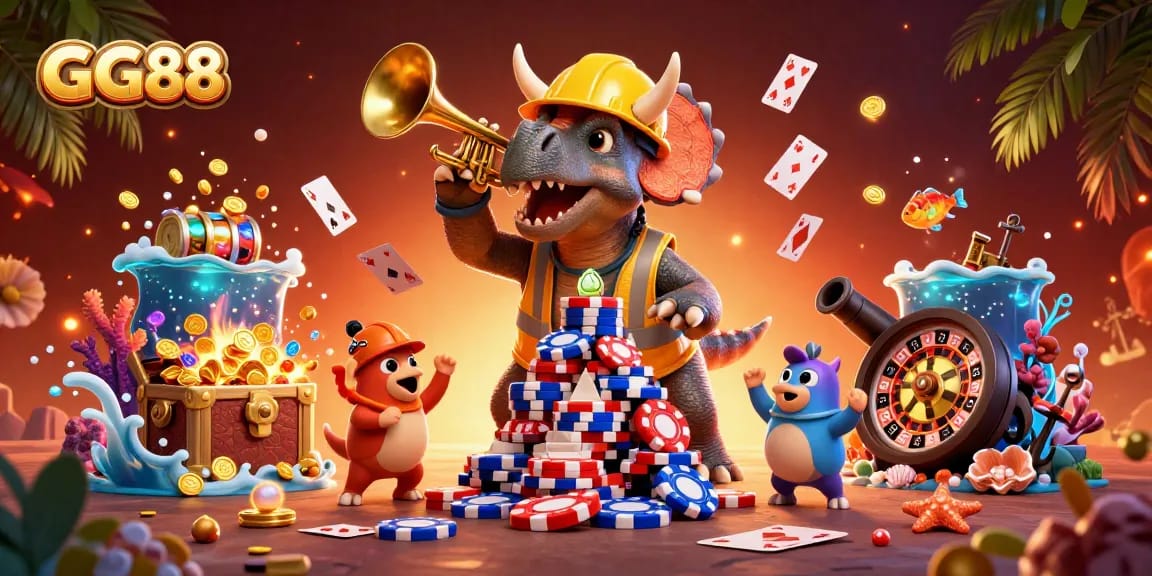 Celebrate exciting wins at GG88 with dynamic casino-themed 3D illustration showcasing vibrant gaming elements.