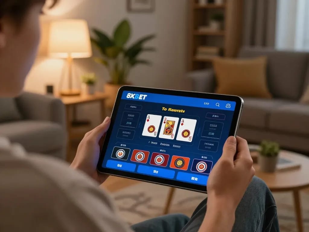 Engaging with the 8xbet app during an enjoyable online poker game at home, showcasing modern gaming setup.