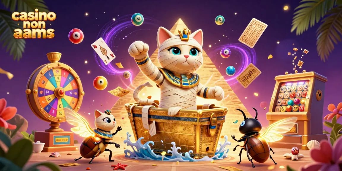 Gioca nei casino non AAMS con un gatto mummificato ed elementi di gioco come biglie colorate e schede bingo in un ambiente affascinante.