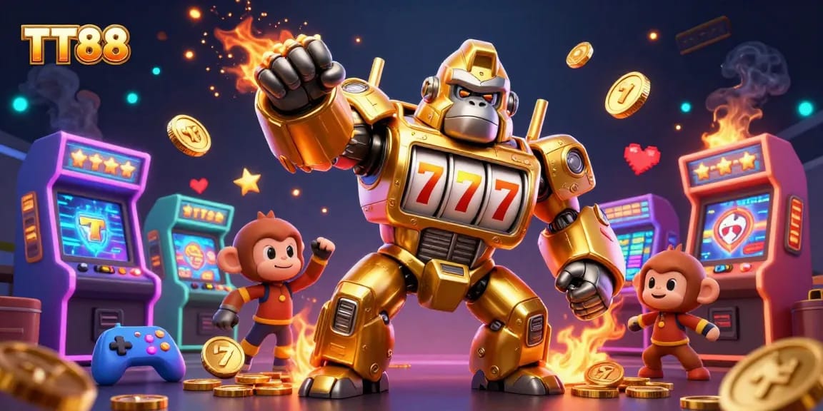 Experience the thrill of TT88 with a golden gorilla mech symbolizing jackpot excitement and gaming fun.