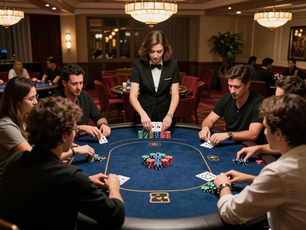 Players engaged in a high-stakes poker game at du88 casino, showcasing chips and community cards, strategic gameplay.