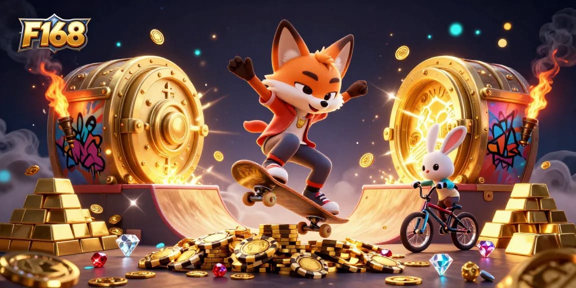 Experience thrilling action at F168 with a skateboarder fox and BMX rabbit in a vibrant casino scene.