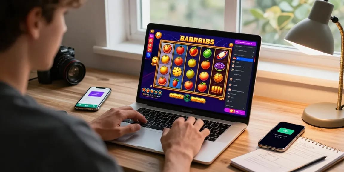 Enjoying a slot dana game at home with digital wallet and strategy notes, showcasing vibrant online gaming atmosphere.