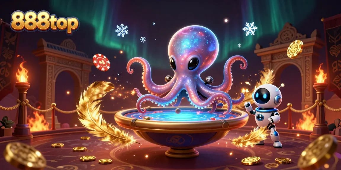 Engage in thrilling gaming with 888top, featuring an alien octopus at a dynamic poker table surrounded by vibrant casino elements.