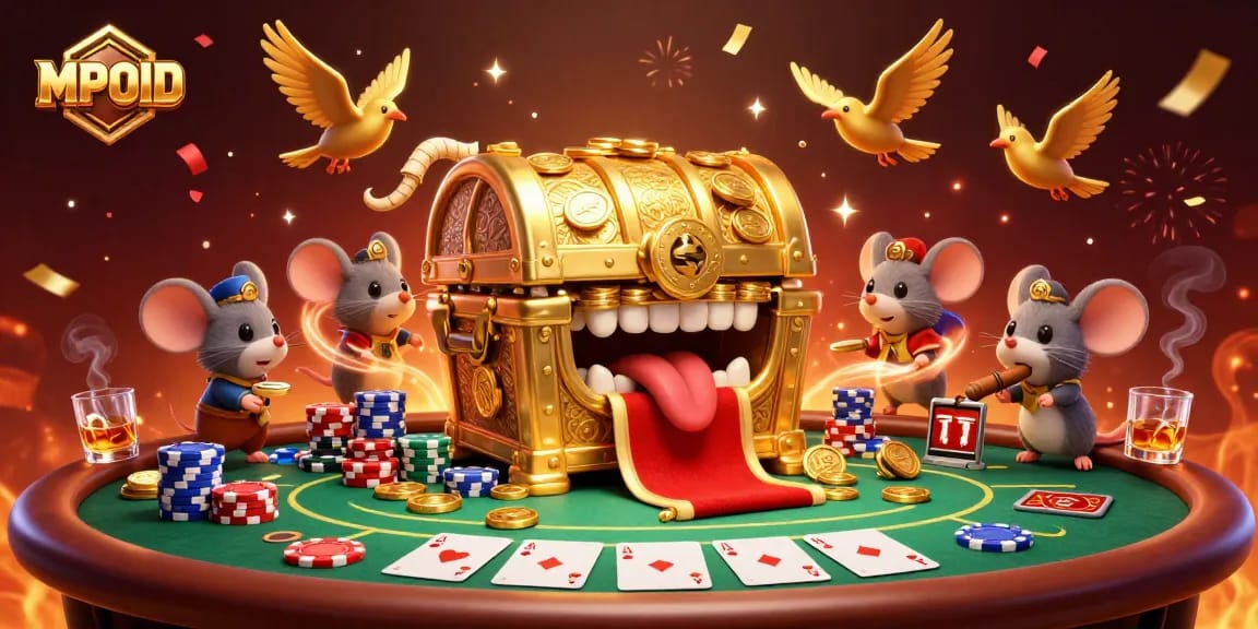 MPOID offers a thrilling gaming experience with adventurer mice and a treasure chest amidst a dynamic poker setting.
