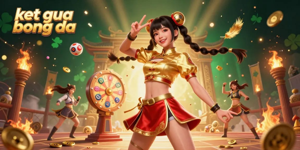 Experience the excitement of ket qua bong da with a vibrant, dynamic 3D digital illustration featuring a joyful Asian woman amidst colorful lottery elements.