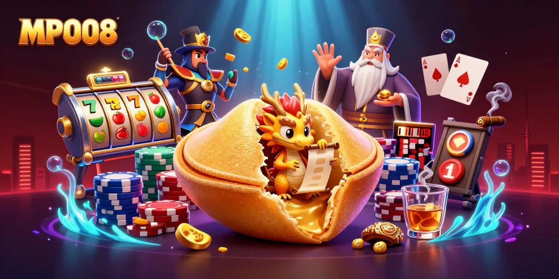 MPO08 entertains with dynamic slot reels, a golden fortune cookie, and characters in an exciting 3D casino scene