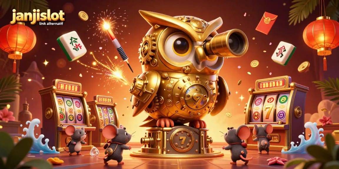 Engage with the janjislot link alternatif as vibrant cartoon owls and slot machines create an exciting casino scene.