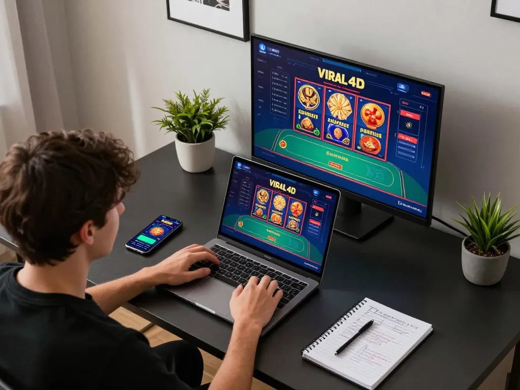 Engaging in gameplay on corporate viral4d platform using laptop and smartphone with strategic notes.