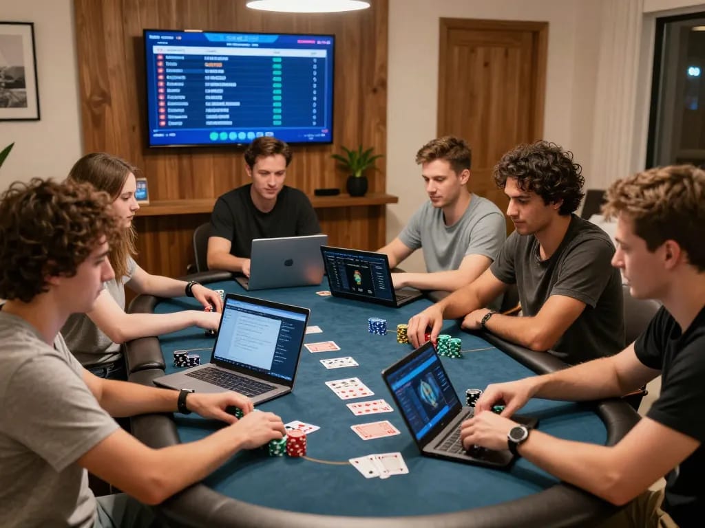 Friends enjoying an exciting poker online game with laptops, chips, and a competitive atmosphere.