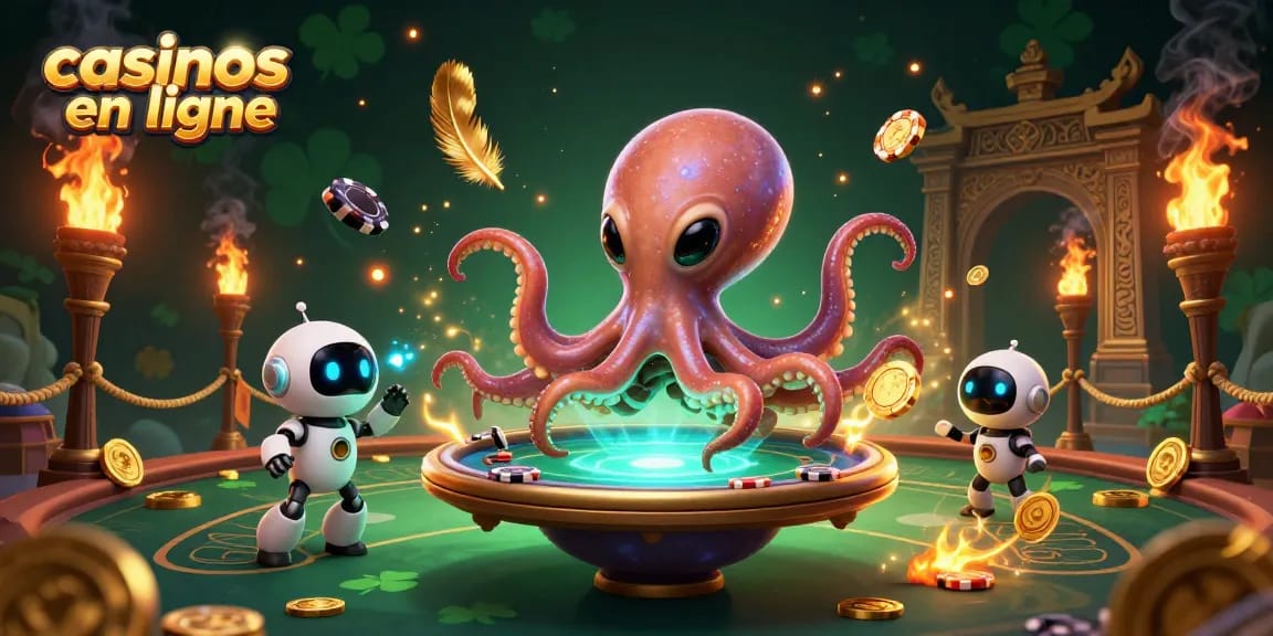 Jouez aux casinos en ligne avec l'animation d'un poulpe extraterrestre à une table de poker holographique.