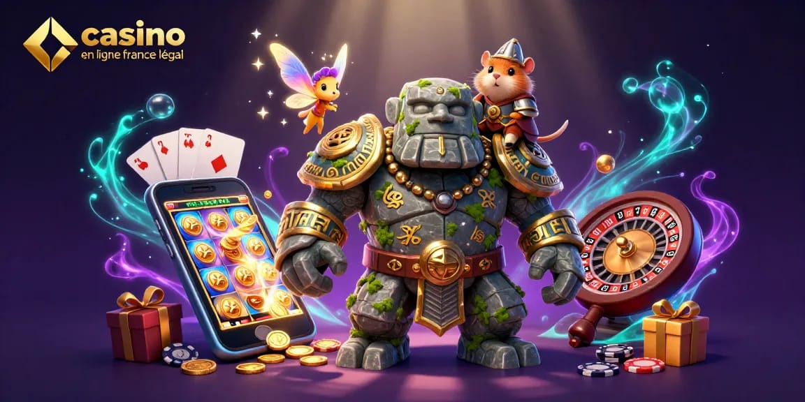 Illustration dynamique représentant le casino en ligne France légal avec un golem, une fée et un hamster chevalier.