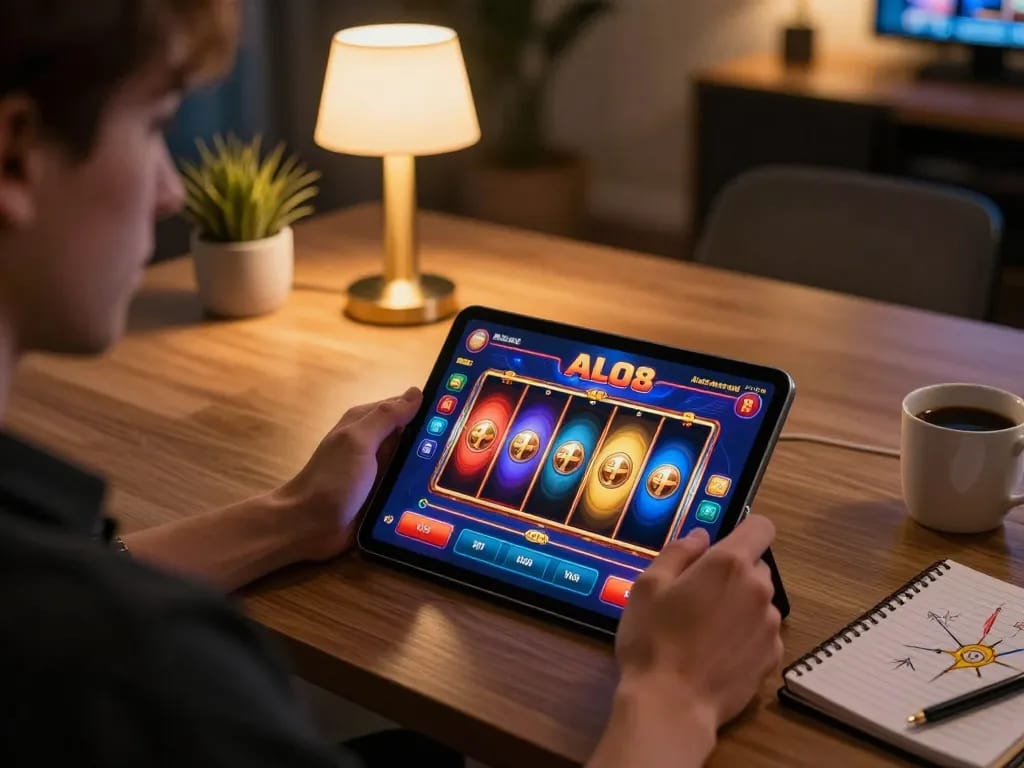 Engaging with ALO8 casino app on a tablet for online game strategy and fun.