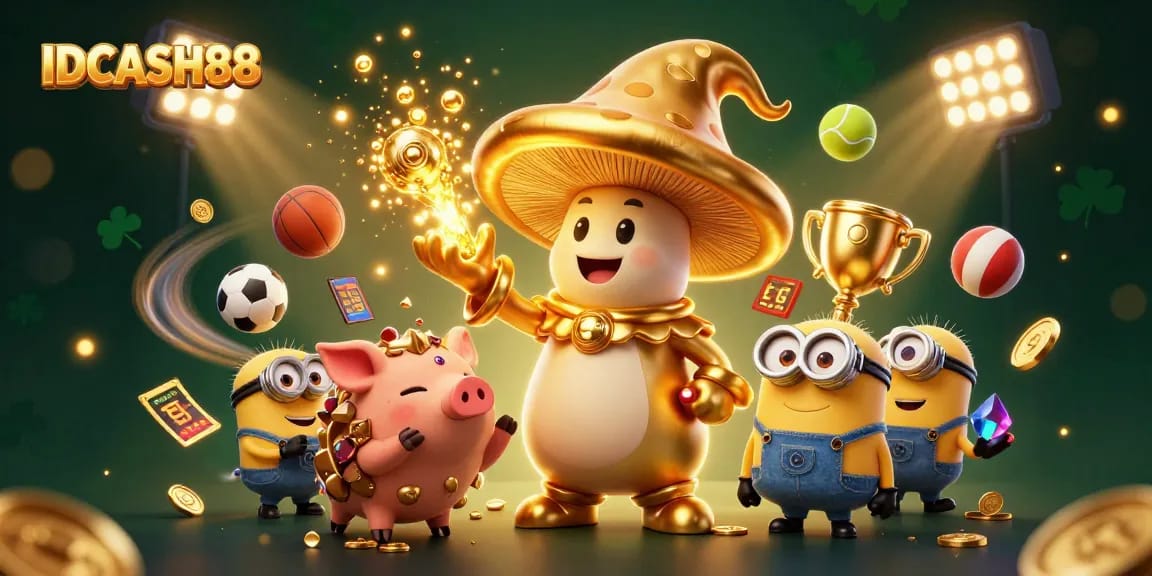 Experience the excitement of IDCASH88 with a vibrant illustration featuring thrilling gaming elements and magical characters.