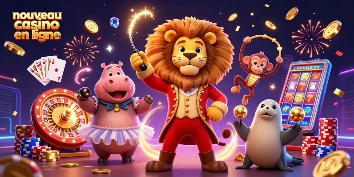 Découvrez l'excitation du nouveau casino en ligne avec une scène dynamique sur le thème du cirque, pleine de personnages vibrants et d'éléments de casino !