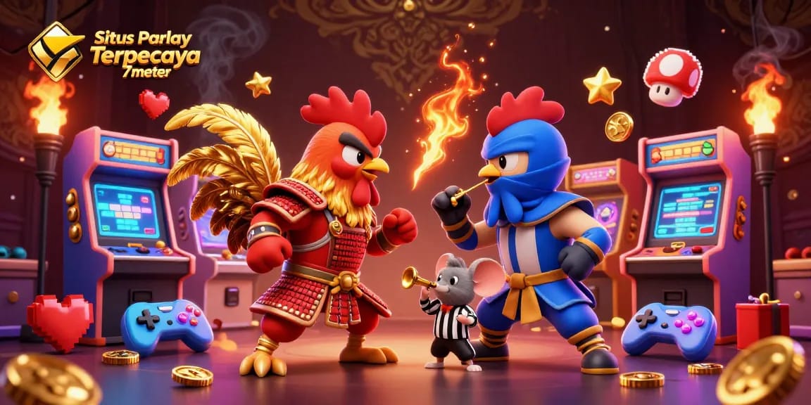 Situs Parlay Terpercaya 7meter showcases 3D cartoon roosters battling amidst vibrant gaming elements.