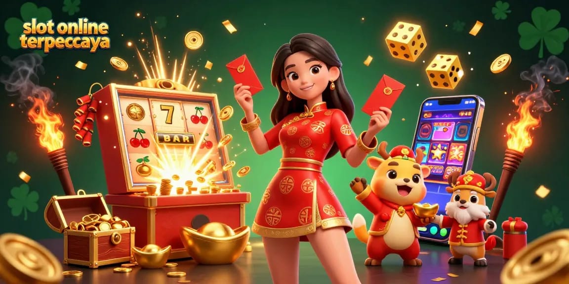 Experience slot online terpercaya with vibrant 3D illustration showcasing engaging gameplay elements and cultural festivities.