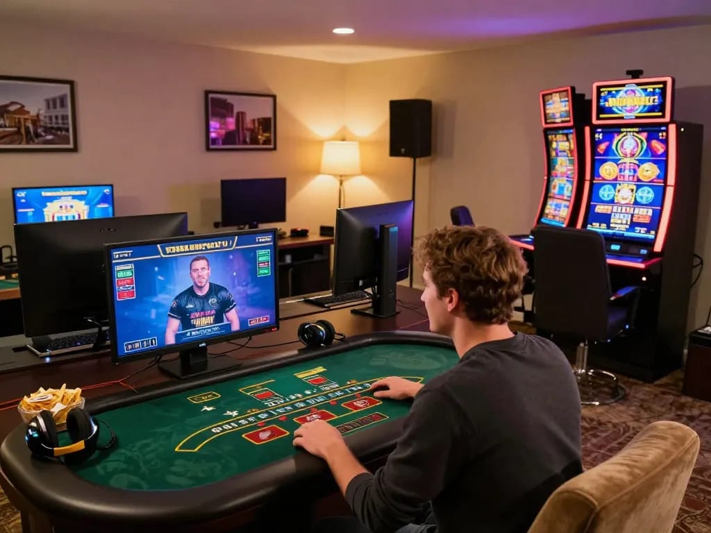 Player enjoying online gambling on pintu888top with vibrant gaming screens and cozy setup.