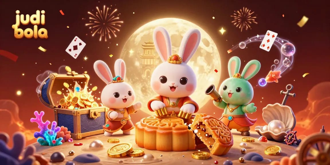 Bet on judi bola with a vibrant illustration of a moon rabbit crafting golden mooncakes that reveal poker chips.