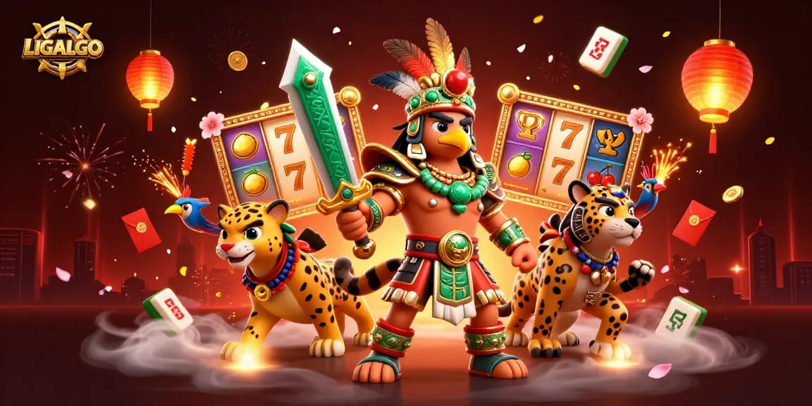LIGALGO showcases a vibrant 3D casino scene with Aztec characters and slot game elements.