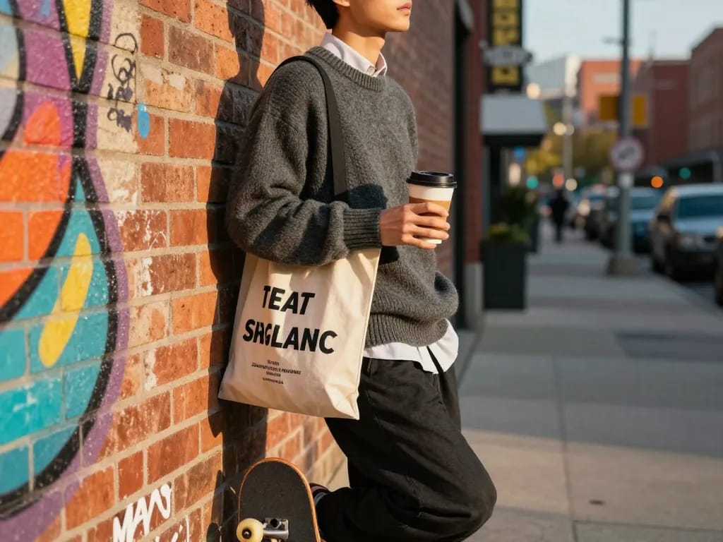 Stylish individual in a charcoal wool blend jumper representing revelcollective.myshopify.com in an urban fashion scene.